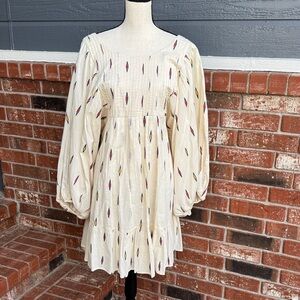 A Loves A Cream Blue Geometric Print Long Sleeve Dress Size XL NWT Boho Flowy